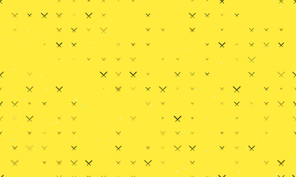 Seamless background pattern of evenly spaced black baseball bats symbols of different sizes and opacity. Vector illustration on yellow background with stars