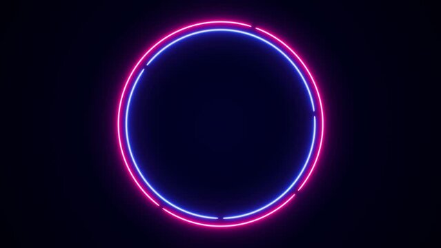 Animation of blue-pink neon circle frame, ring shape, empty space, ultraviolet light, 80's retro style, fashion show stage, abstract background, illuminate frame design. Abstract cosmic vibrant