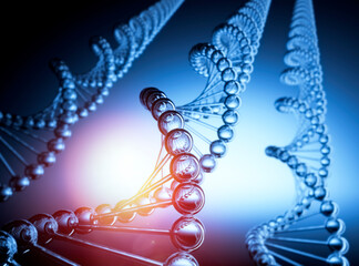 3d glass DNA, DNA sequence model, DNA code structure with blue background - Medical 3d Illustration