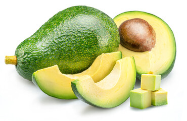 Avocado fruit with avocado slices isolated on white background.