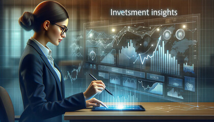 Investment Insights：ビジネスウーマンが仮想画面で資産投資チャートを分析 - obrazy, fototapety, plakaty