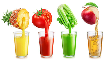 Set of four fruit juice glasses and fresh juice pouring from fruits into the glasses isolated on white background.