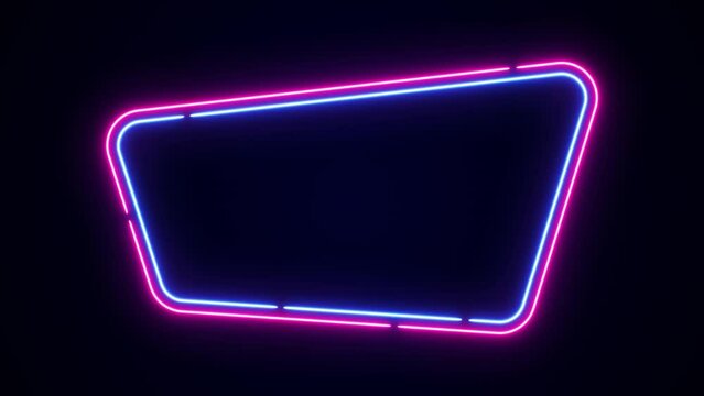 Animation of blue-pink neon square frame, rectangle shape, empty space, ultraviolet light, 80's retro style, fashion show stage, abstract background, illuminate frame design. Abstract cosmic vibrant