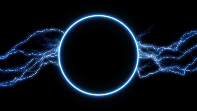 Animation of blue neon circle frame, empty space, ultraviolet light, 80's retro style, fashion show stage, abstract background, Electric arc with lightning striking to the sides, tesla coil