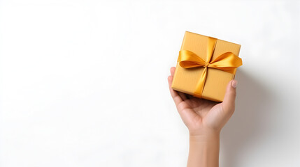 Hand holding a New Year's gift box on a white background.