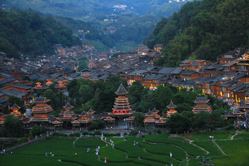 Night View of Beautiful Village of Zhaoxing, Guizhou, China
Chinese Characters: Zhaoxing Village
