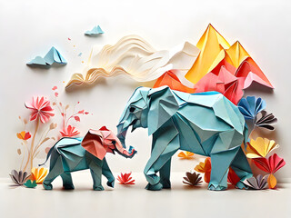 A elephant and  baby elephant origami style folded paper - obrazy, fototapety, plakaty