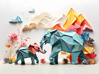 Foto op Canvas A elephant and  baby elephant origami style folded paper © tewpai