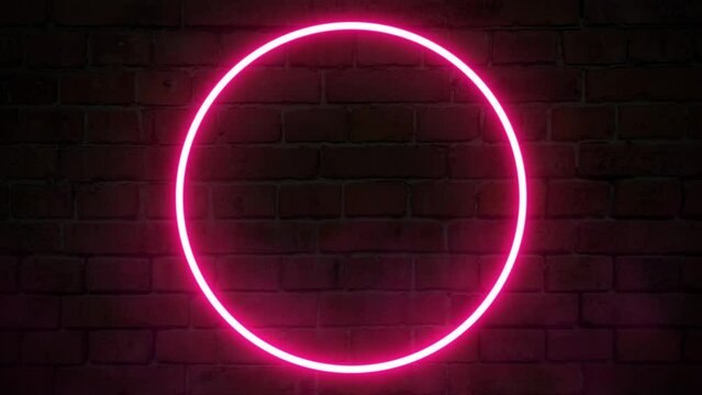 Round neon frame red color at dark brick wall background. Glowing neon frame in retro 80s - 90s style. Colored neon sign with empty space. Futuristic Sci Fi Modern Neon with smoke or fog clouds