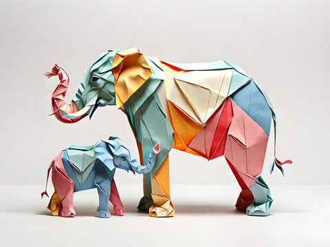 A elephant and  baby elephant origami style folded paper