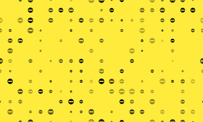 Seamless background pattern of evenly spaced black no entry road signs of different sizes and opacity. Vector illustration on yellow background with stars