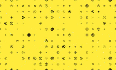 Seamless background pattern of evenly spaced black no right turn signs of different sizes and opacity. Vector illustration on yellow background with stars