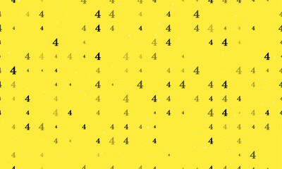 Seamless background pattern of evenly spaced black number four symbols of different sizes and opacity. Vector illustration on yellow background with stars