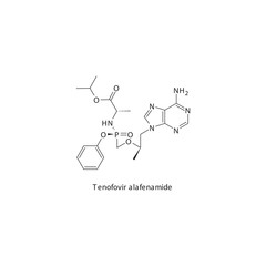 Tenofovir alafenamide flat skeletal molecular structure Reverse-transcriptase inhibitor drug used in Hepatitis B treatment. Vector illustration scientific diagram.