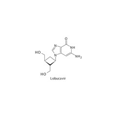 Lobucavir  flat skeletal molecular structure Reverse-transcriptase inhibitor drug used in Hepatitis B, HIV prevention treatment. Vector illustration scientific diagram.