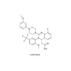 Letermovir  flat skeletal molecular structure Antiviral drug used in Cytomegalovirus, CMV treatment. Vector illustration scientific diagram.