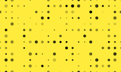 Seamless background pattern of evenly spaced black nonagon symbols of different sizes and opacity. Vector illustration on yellow background with stars