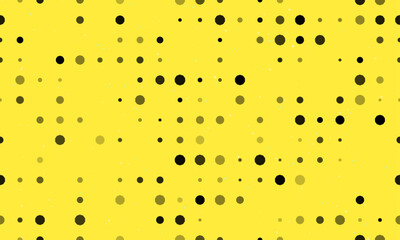 Seamless background pattern of evenly spaced black decagon symbols of different sizes and opacity. Vector illustration on yellow background with stars