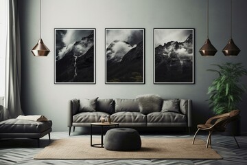 3D rendered representation of posters frames in a Nordic interior background. Generative AI