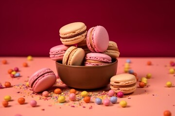 Fototapeta na wymiar Delicious French dessert treat with colorful macarons on a brown and pink background. Generative AI
