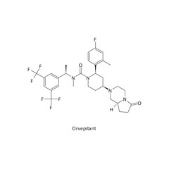 Orvepitant  flat skeletal molecular structure Neurokinin receptor antagonist NKI1 drug used in Depression treatment. Vector illustration scientific diagram.
