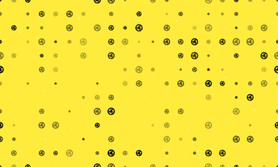 Seamless background pattern of evenly spaced black roundabout signs of different sizes and opacity. Vector illustration on yellow background with stars