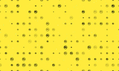 Seamless background pattern of evenly spaced black truck traffic signs of different sizes and opacity. Vector illustration on yellow background with stars