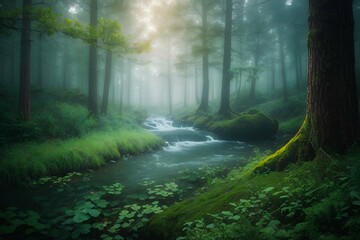 Fototapeta premium Beautiful Green Forest landscape nature scene trees bushes illustrations for story book AI Generated 