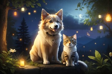 a dog and a cat as unlikely friends together dark forest green trees and lights lamps sky illustration for story book AI Generated  - obrazy, fototapety, plakaty