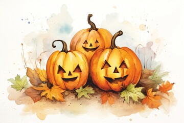 Watercolour illustration halloween pumpkins on a white background