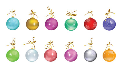 A set of balls for a Christmas tree or New Year's decorations. Different colored Christmas balls - gold, silver, pearl, red, blue, green, pink, purple, orange isolated on a white background.