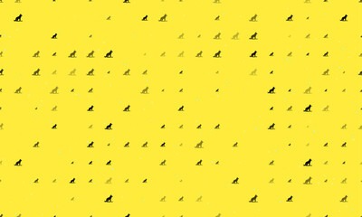 Seamless background pattern of evenly spaced black wild wolf symbols of different sizes and opacity. Vector illustration on yellow background with stars