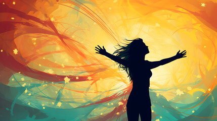 A vibrant illustration capturing the triumphant silhouette of a woman, celebrating her victory over depression amid swirling colors of hope and freedom.