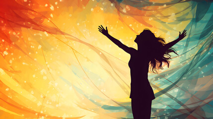 A vibrant illustration capturing the triumphant silhouette of a woman, celebrating her victory over depression amid swirling colors of hope and freedom.