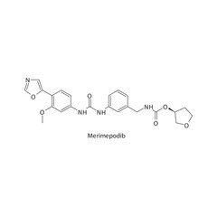 Merimepodib  flat skeletal molecular structure Antiviral drug used in COVID 19 treatment. Vector illustration scientific diagram.