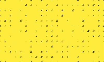 Seamless background pattern of evenly spaced black sitting tiger symbols of different sizes and opacity. Vector illustration on yellow background with stars