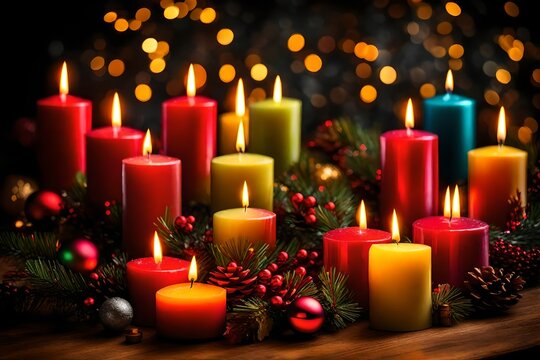 A row of colorful, glowing Christmas candles creating a warm and inviting atmosphere.