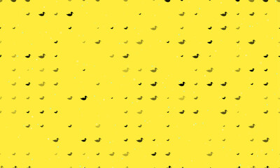 Seamless background pattern of evenly spaced black duck symbols of different sizes and opacity. Vector illustration on yellow background with stars