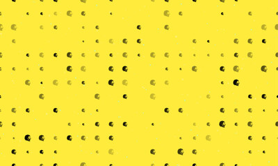 Seamless background pattern of evenly spaced black lion head icons of different sizes and opacity. Vector illustration on yellow background with stars