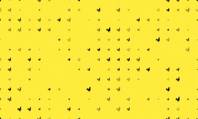 Seamless background pattern of evenly spaced black rooster symbols of different sizes and opacity. Vector illustration on yellow background with stars