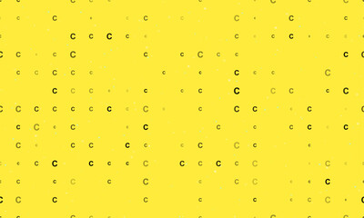 Seamless background pattern of evenly spaced black capital letter C symbols of different sizes and opacity. Vector illustration on yellow background with stars