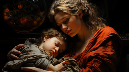 The love and anguish of a mother caring for a sick child. Generative AI.	