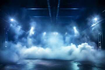 Smoke, mist, nightclub, show, stage, neon, white, reflective, underground. Generative AI