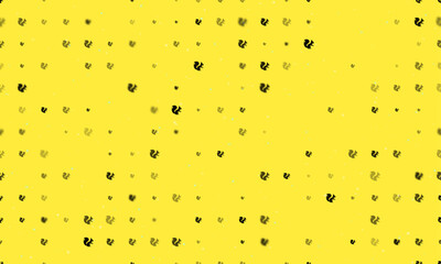 Seamless background pattern of evenly spaced black squirrel symbols of different sizes and opacity. Vector illustration on yellow background with stars