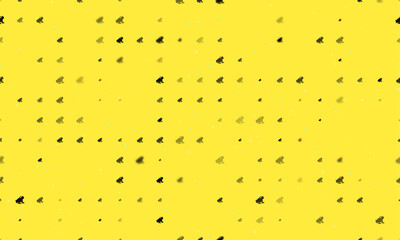 Seamless background pattern of evenly spaced black frog symbols of different sizes and opacity. Vector illustration on yellow background with stars