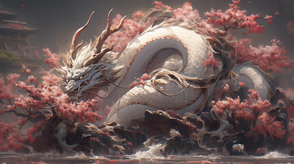 White dragon and cherry blossoms. Generative AI.	