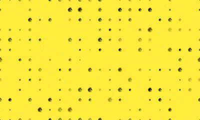 Seamless background pattern of evenly spaced black dragon's head symbols of different sizes and opacity. Vector illustration on yellow background with stars