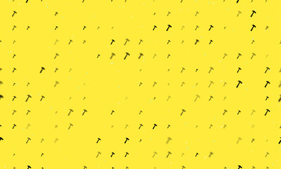Seamless background pattern of evenly spaced black hammer symbols of different sizes and opacity. Vector illustration on yellow background with stars
