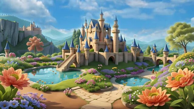 fantasy castle with little pond and flower garden panorama, Seamless Animation Video Background in 4K Resolution	