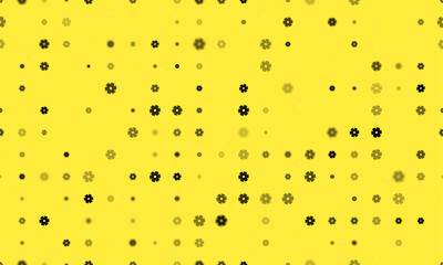 Seamless background pattern of evenly spaced black milling disc symbols of different sizes and opacity. Vector illustration on yellow background with stars